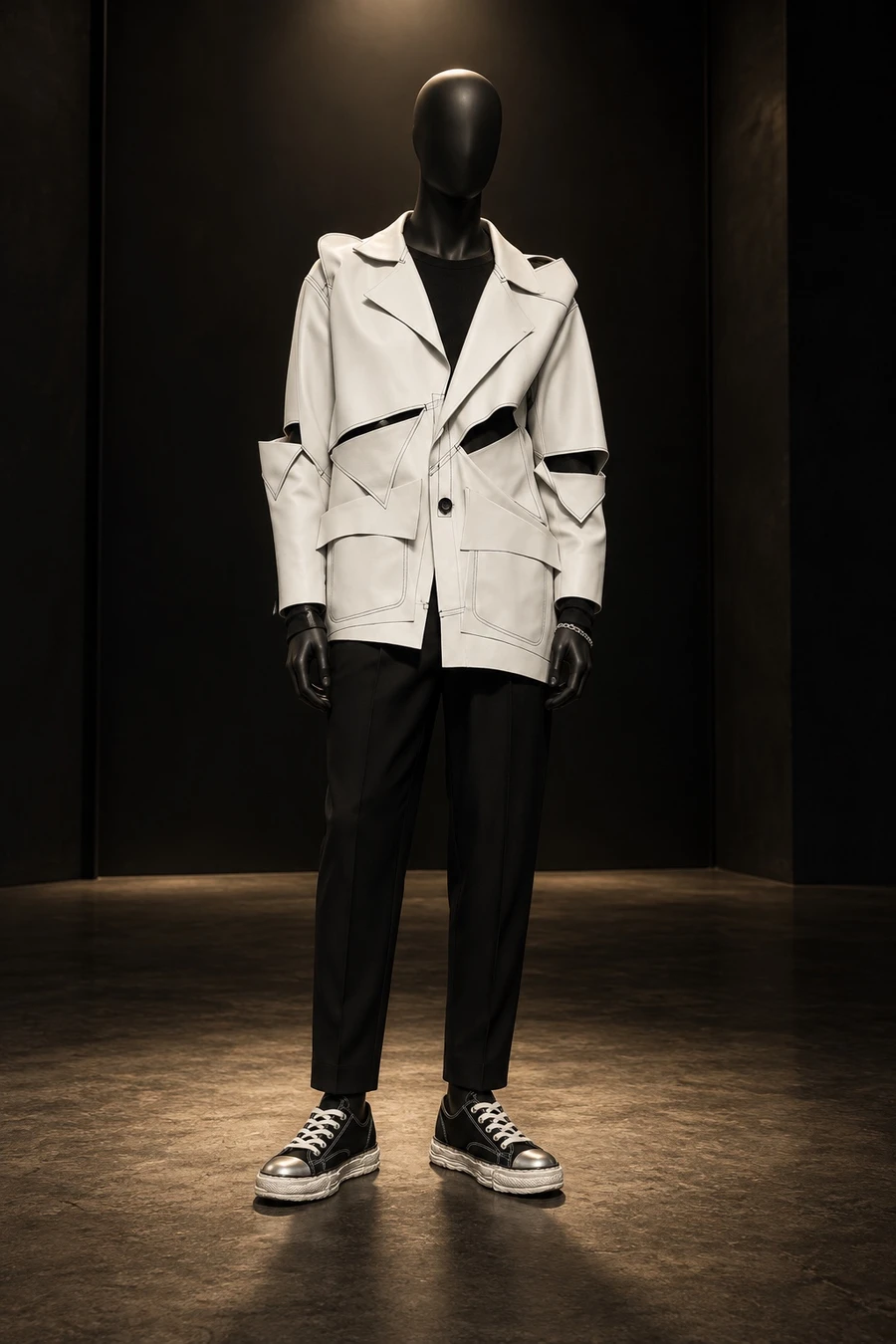 A faceless black mannequin wears a white Sulvam leather jacket over a black Masnada knit, Sulvam trousers, Mihara sneakers and a Tom Wood bracelet in a dark gallery.