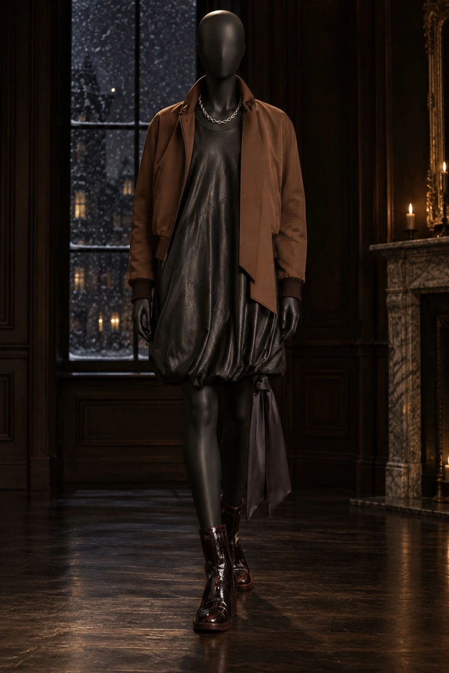 A black display mannequin in a Helmut Lang leather dress and a chocolate Nina Ricci bomber, with oxblood Guidi boots and a Chrome Hearts chain, in a dark parlour.