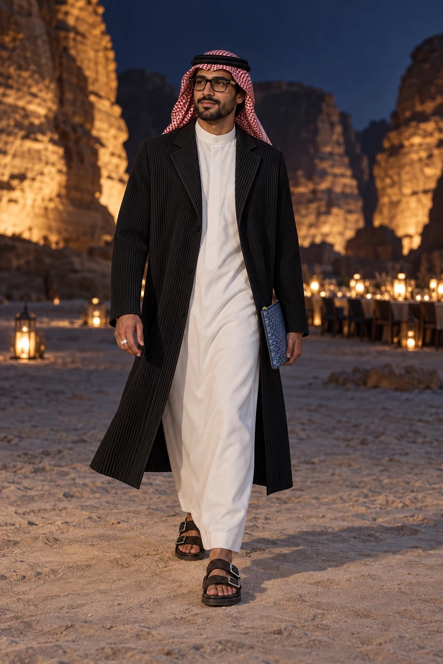 A Saudi man in a white thobe and shemagh wears a long black Homme Plissé pleated jacket and Louis Vuitton sandals and carries a sky blue Goyard pouch in AlUla.