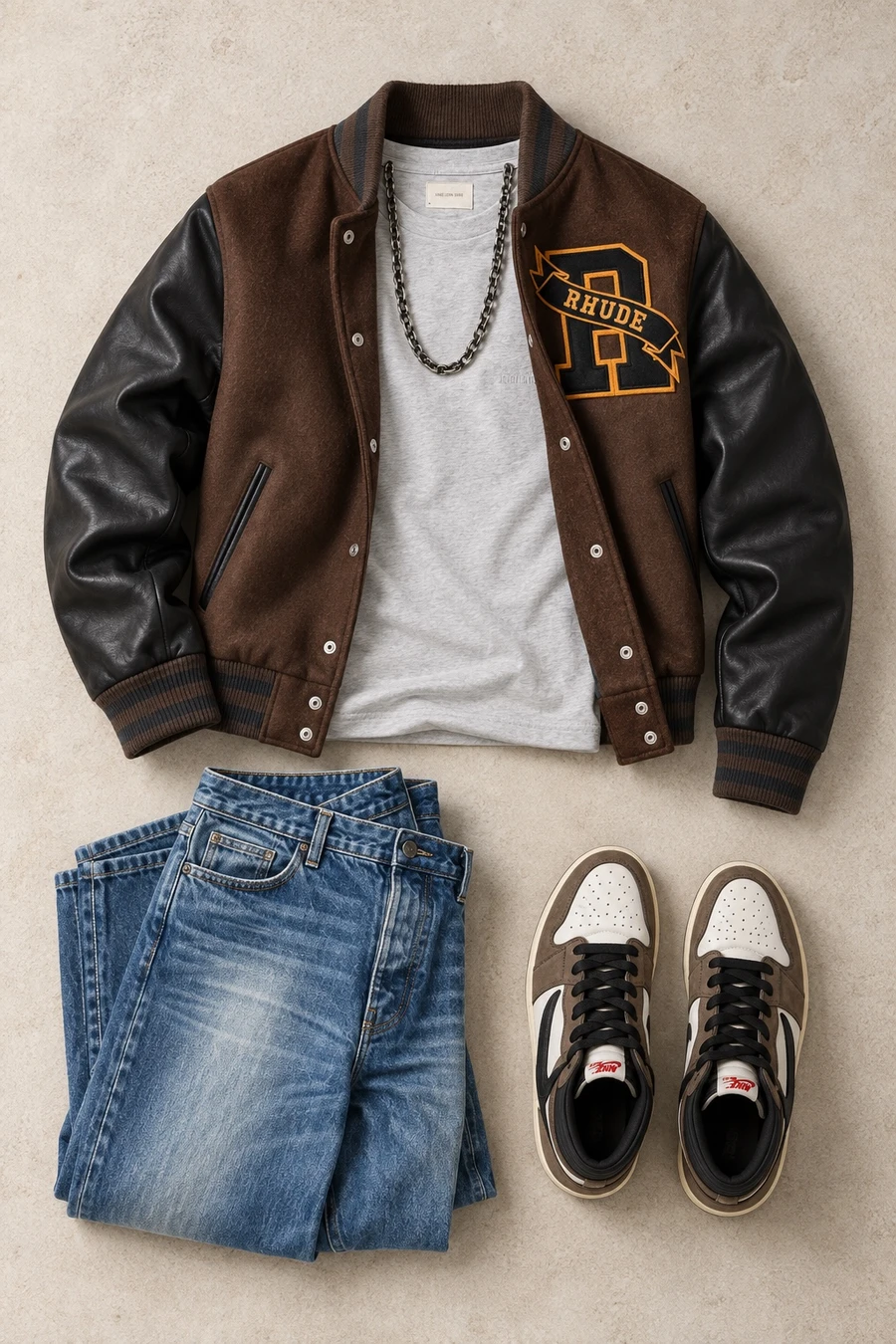A winter night in Doha. Flat lay of a brown Rhude jacket, an oatmeal Aime Leon Dore T-shirt, indigo Amiri jeans and white Jordan sneakers.