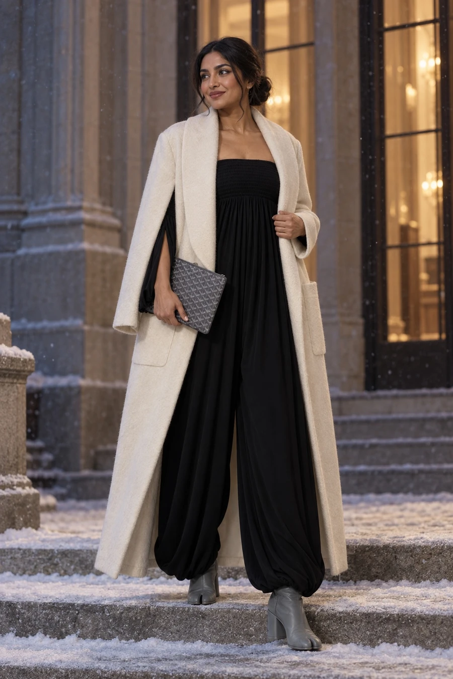 A Punjabi woman in a black off shoulder Coperni jumpsuit, a long ivory coat, grey MM6 split toe boots and a grey Goyard pouch on snowy stone steps at night.