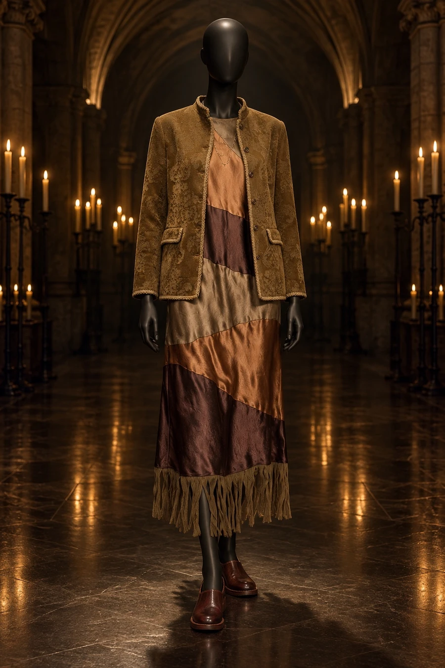 A black display mannequin in a Song for the Mute satin dress, an INTO THE EAST jacket, Guidi slip ons and a Tom Wood chain, in a candlelit hall.