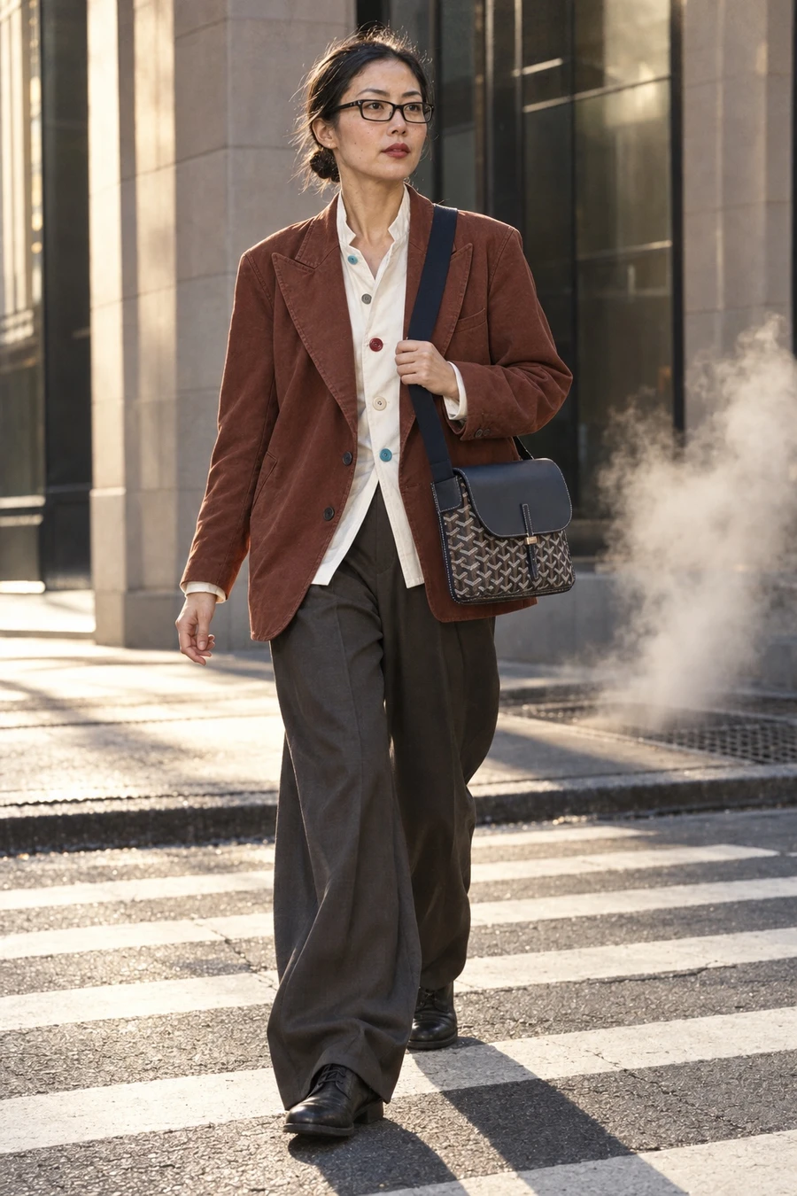 A Korean American woman in a rust Undercover blazer, wide taupe RUOHAN trousers, black Guidi derbies and Chrome Hearts frames crosses a Midtown street with a navy Goyard messenger.