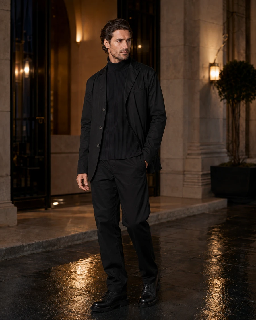 An original adult male model wears After dark, before midnight, an AI-styled boutique outfit.