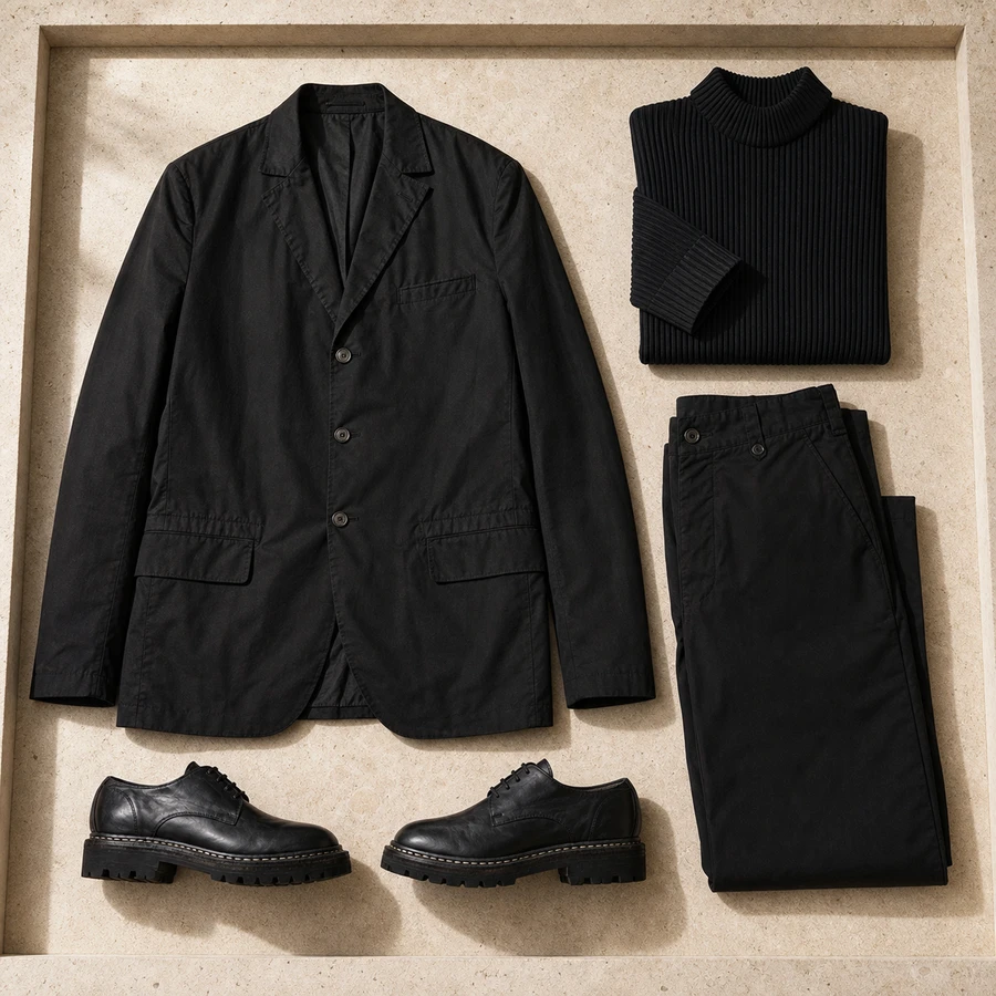 After dark, before midnight. Flat lay of a black Masnada jacket, black trousers, a black Issey Miyake turtleneck and black Guidi derbies.