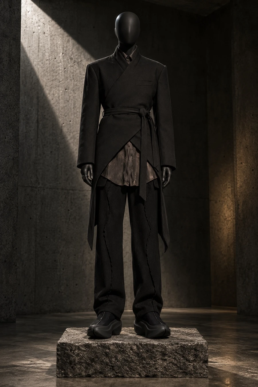 A black display mannequin in an Issey Miyake wrap jacket, a Song for the Mute shirt, Undercover trousers and black sneakers stands on a stone plinth in a concrete gallery.