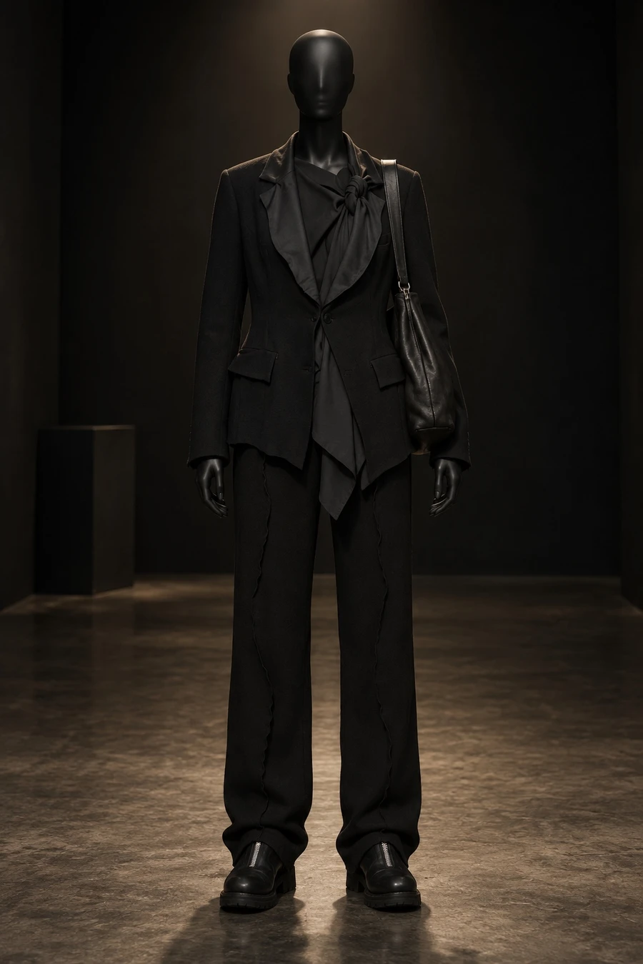A black display mannequin in an Undercover black jacket and trousers over a UJOH knotted blouse, with Guidi boots and a Guidi shoulder bag, in a dark gallery.