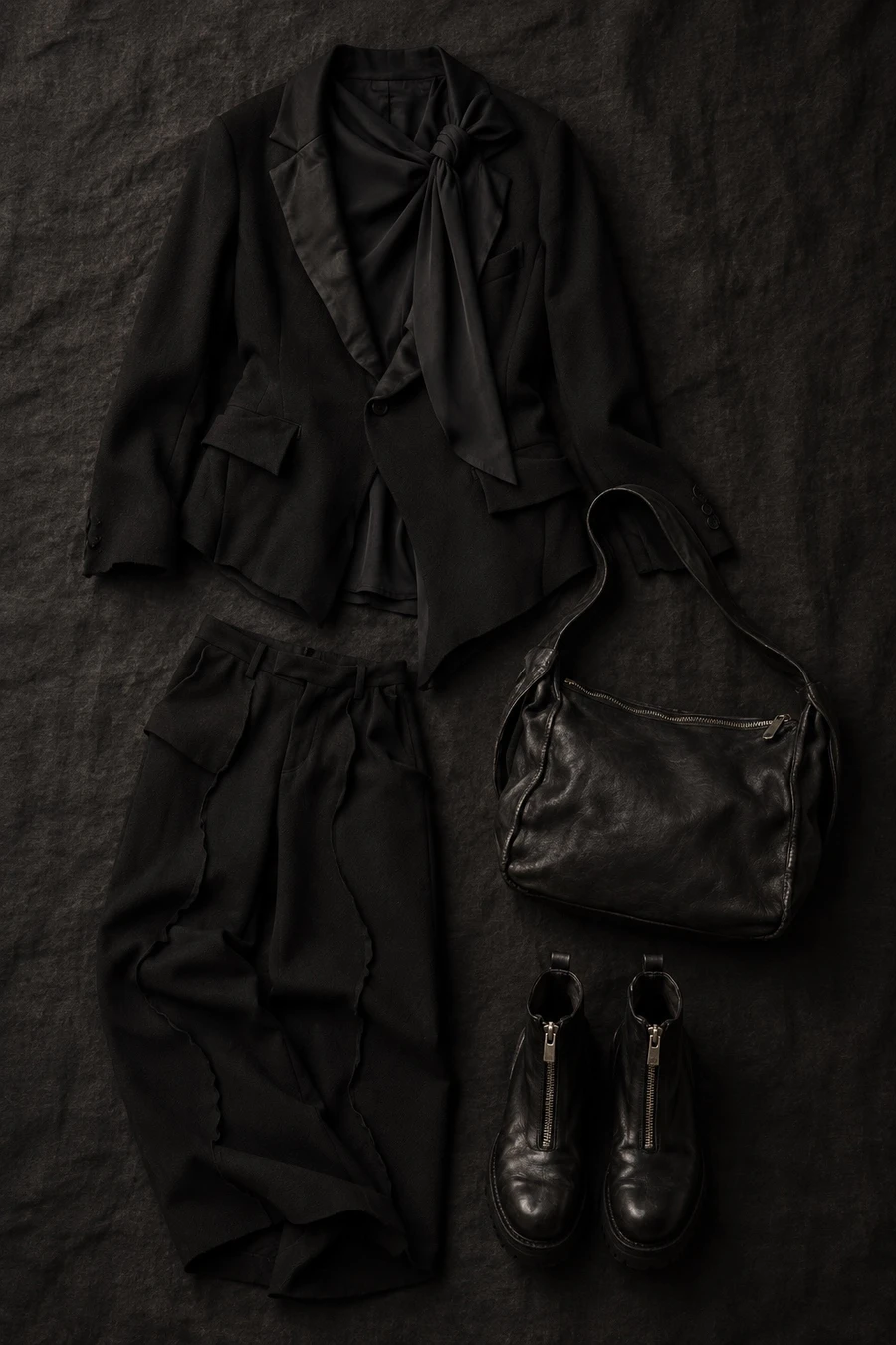 All black for a winter night. Flat lay of a black Undercover jacket, black trousers, a black UJOH blouse, black Guidi boots and a black bag.