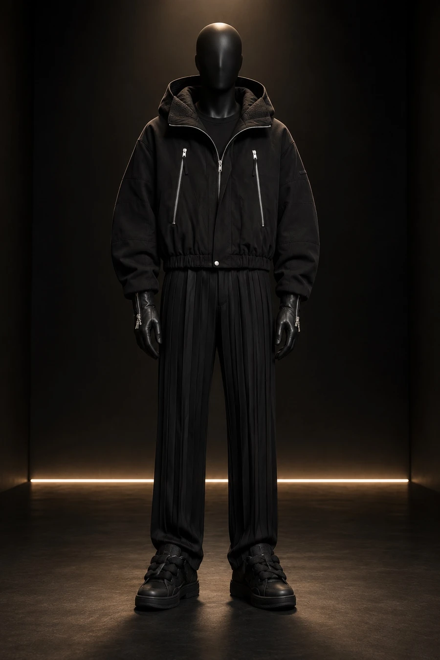 A faceless black mannequin wears a Helmut Lang bomber, a Masnada long sleeve, Homme Plissé pleated trousers, Lanvin Curb sneakers and Chrome Hearts gloves in a black box studio.