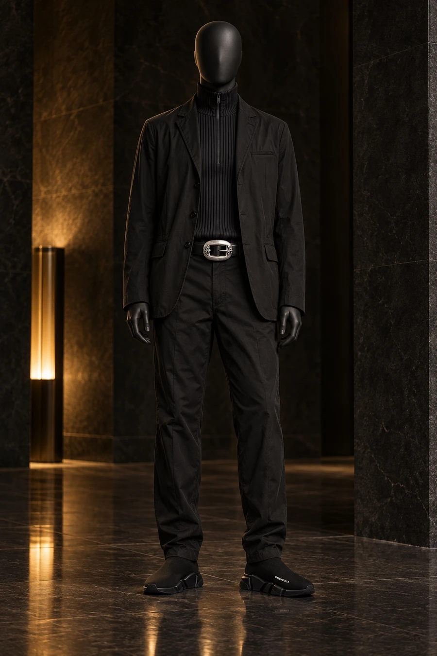 A faceless black mannequin wears a black Masnada suit, a pleated Homme Plissé half zip, a Chrome Hearts belt and Balenciaga Speed trainers in a dark stone lobby.