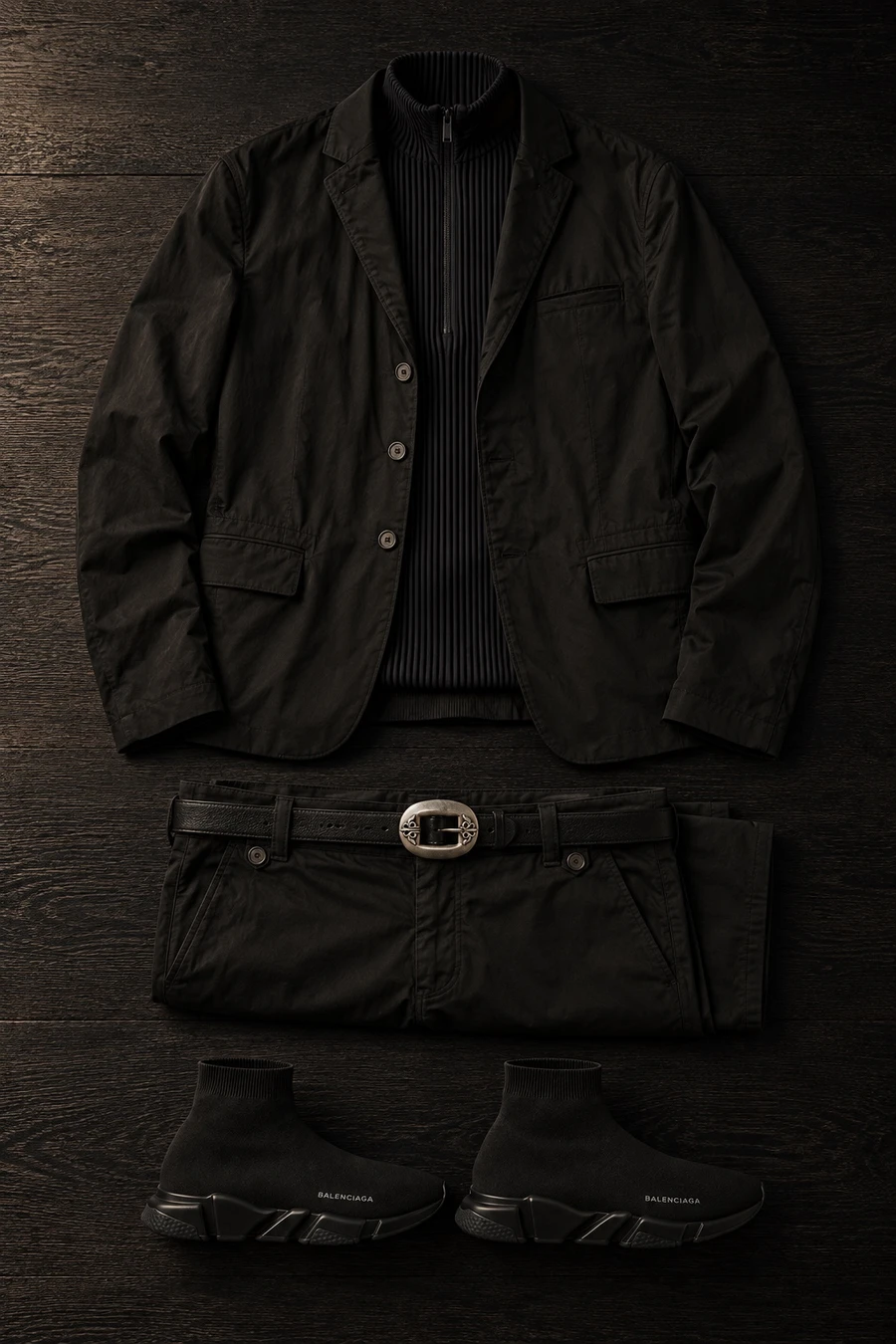 All black with a silver buckle. Flat lay of a black Masnada jacket, black trousers, a black Issey Miyake sweater and black Balenciaga sneakers.