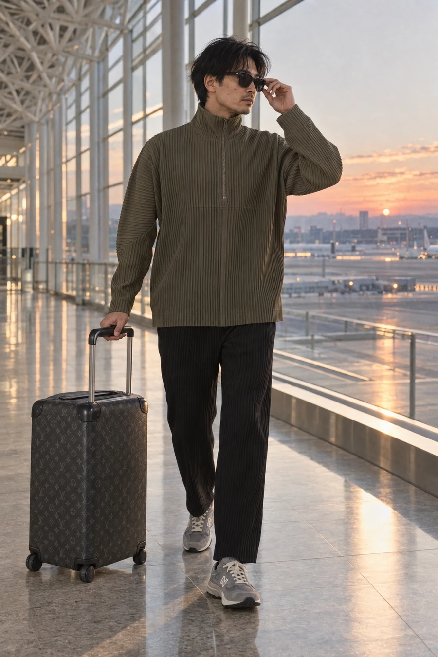 A Japanese man in a dusty olive Homme Plissé pleated top, black pleated trousers and grey New Balance sneakers walks through Haneda Airport with a Louis Vuitton suitcase.