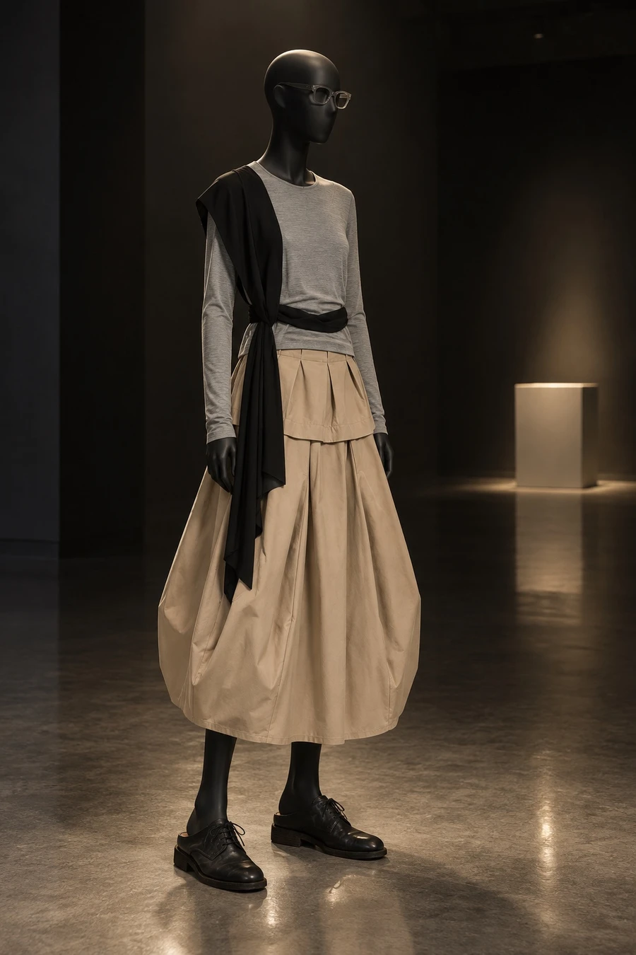 A black display mannequin in a grey MM6 scarf top, a beige Litkovska balloon skirt, black Guidi derby mules and smoke grey Chrome Hearts glasses in a dark museum gallery.