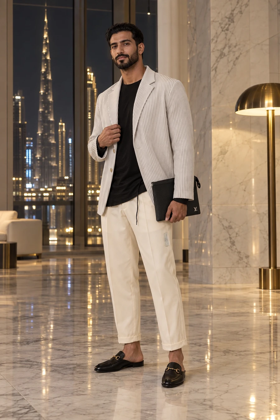 An Emirati man in a light grey Homme Plissé pleated jacket, a black T-shirt, ivory Undercover trousers and Gucci Princetown slippers holds a Louis Vuitton pouch in a marble lobby at night.