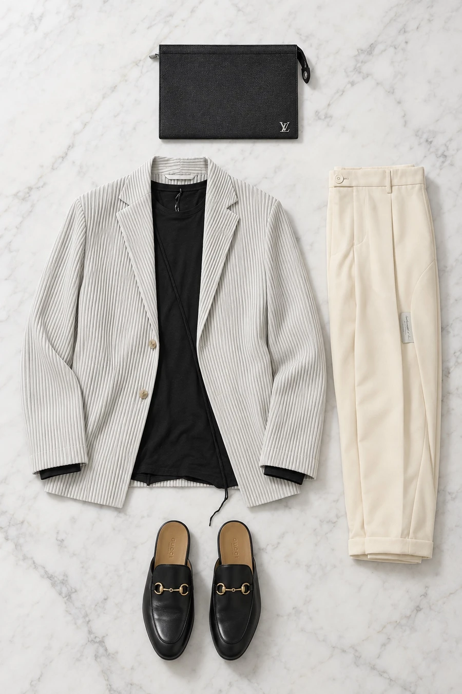 An evening in DIFC. Flat lay of a light grey Issey Miyake jacket, a black Masnada T-shirt and ivory Undercover trousers.