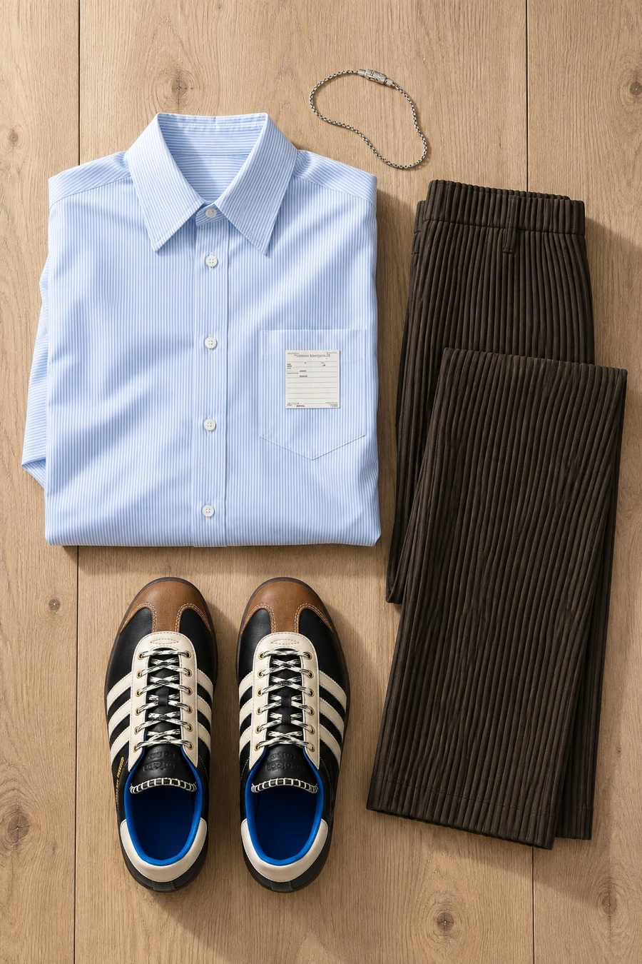 Flat lay of a white MM6 shirt, chocolate Issey Miyake trousers and black Wales Bonner sneakers.