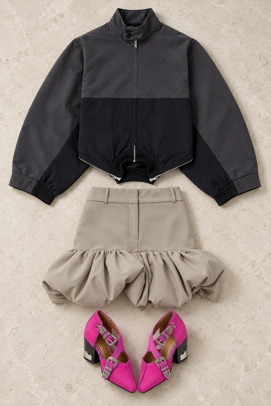 MM6 Maison Margiela, Coperni, Toga Pulla jacket, skirt and pink shoes laid flat.