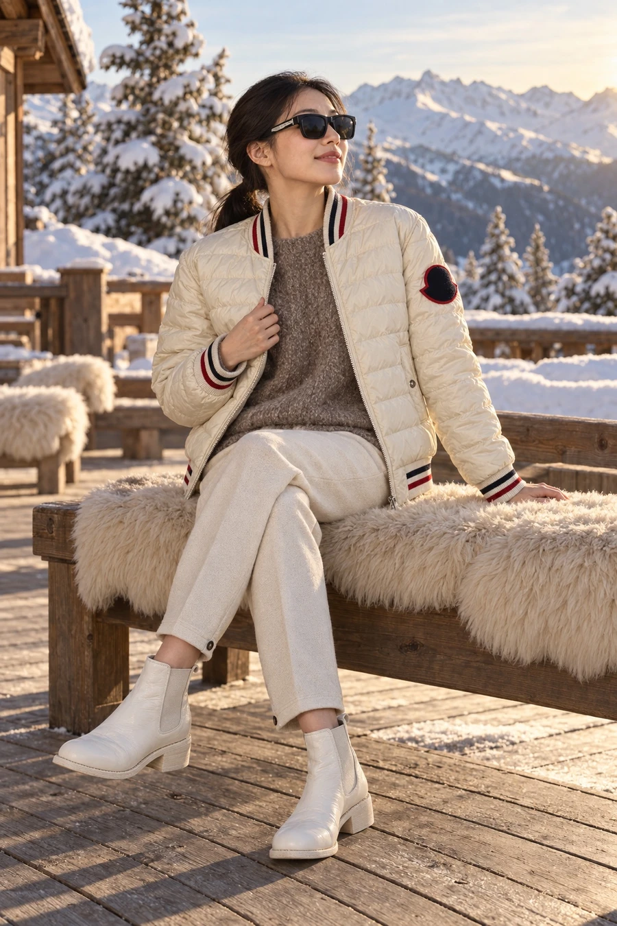 A Korean woman in a cream Moncler down jacket, a taupe RUOHAN knit, ivory trousers and white Guidi boots sits on a chalet terrace in Courchevel in Chrome Hearts sunglasses.
