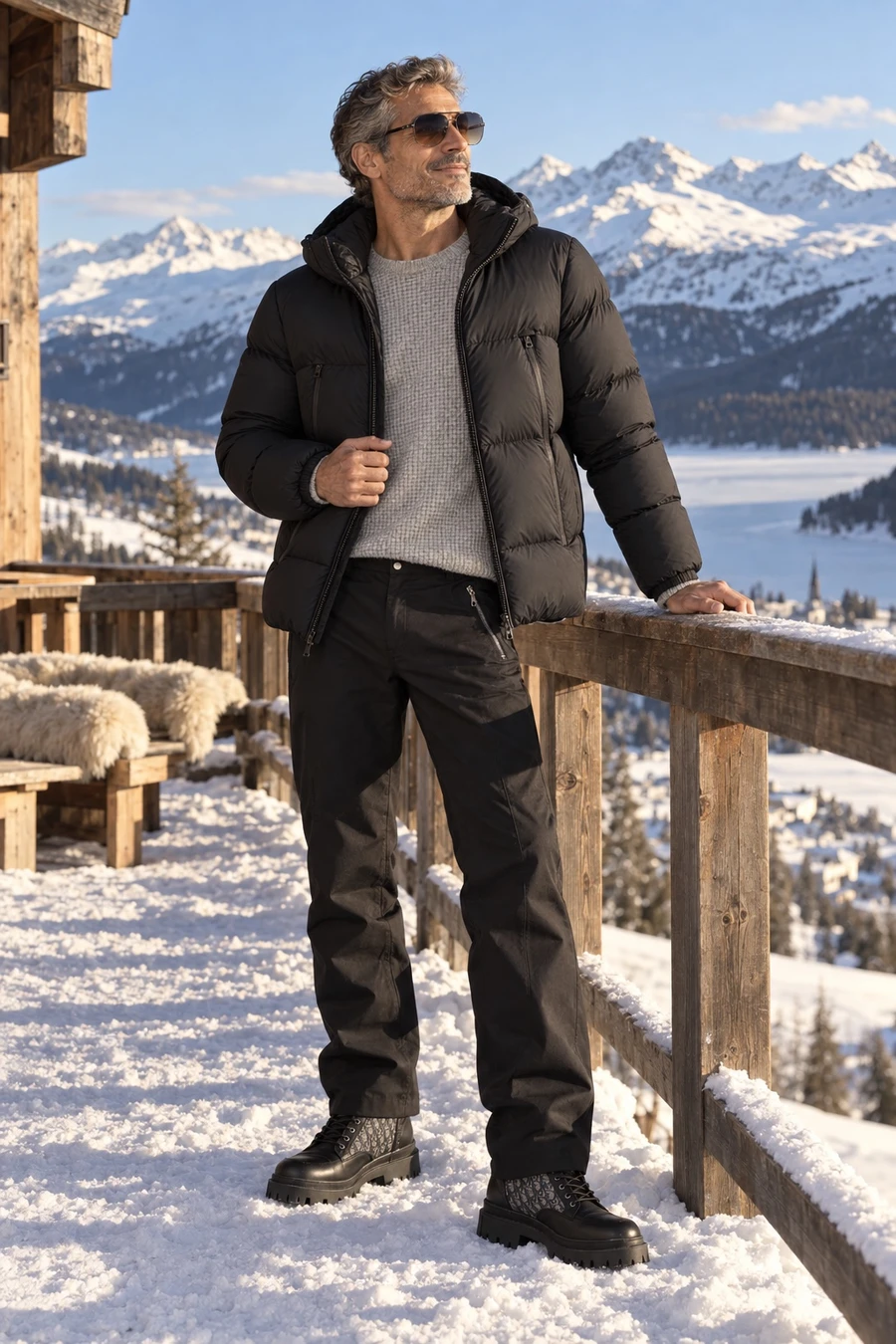 A Swiss Italian man in a black Moncler puffer, grey Chrome Hearts cashmere, Helmut Lang ski pants and Dior Explorer boots stands on a snowy terrace above St. Moritz.