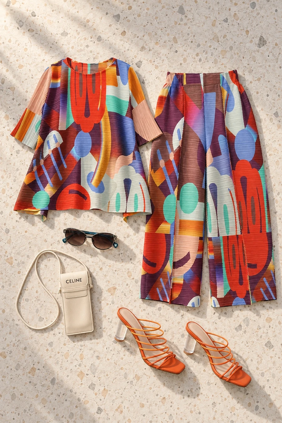 Art Basel week in Miami Beach. Flat lay of a red Issey Miyake sweater, red trousers and a cream Celine crossbody bag.