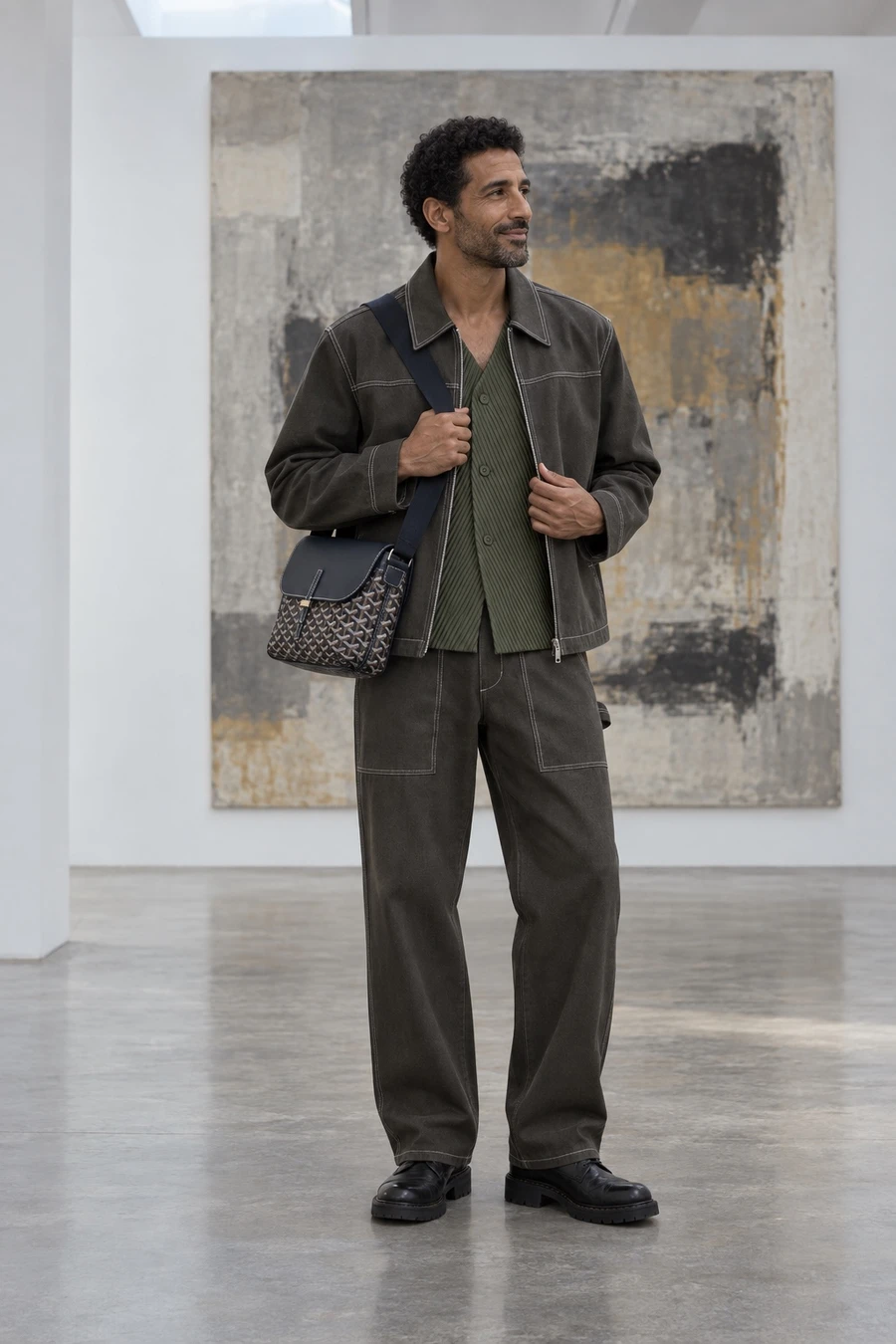 An Egyptian man in a graphite Helmut Lang twill set over a dim green Homme Plissé cardigan, with Guidi derbies and a Goyard messenger, stands in a white gallery.