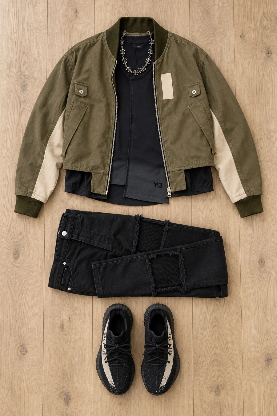 Back to 2016 in a green bomber. Flat lay of an army green Song for the Mute bomber, a black Y-3 T-shirt and black MM6 jeans.