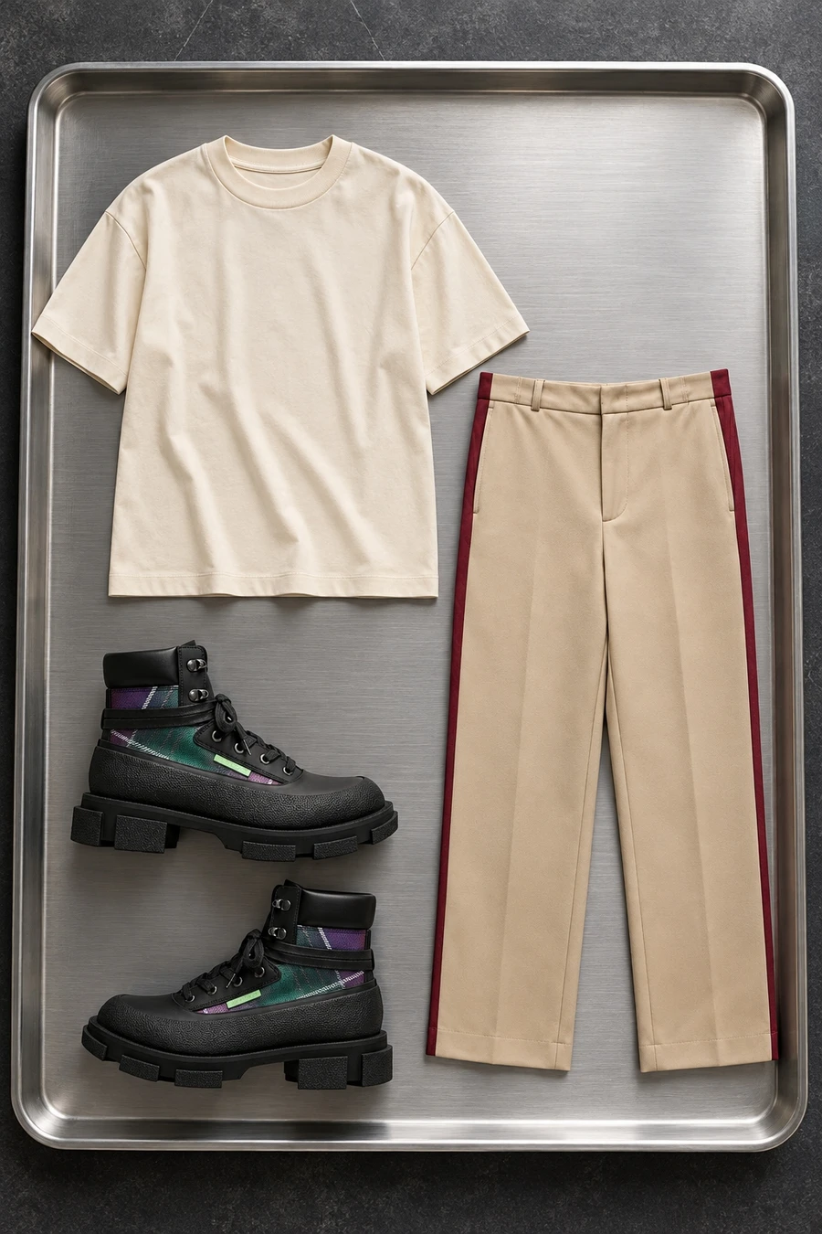 A plain Sunspel tee, Sies Marjan striped wool trousers and printed boots by both on a metal tray.