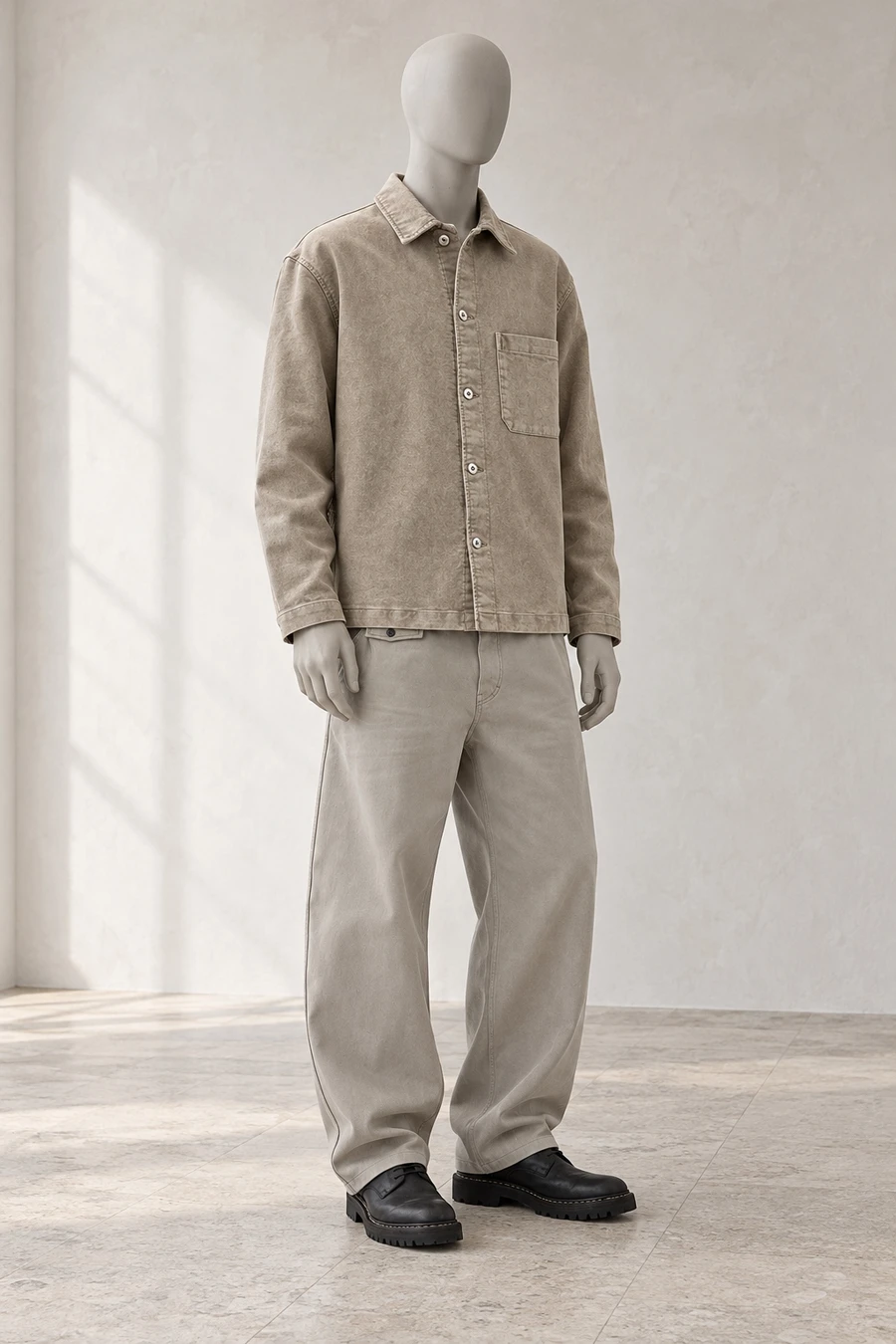 A faceless display mannequin in a Toronto showroom. A washed beige COOR work shirt meets curved trousers and black Guidi derbies.