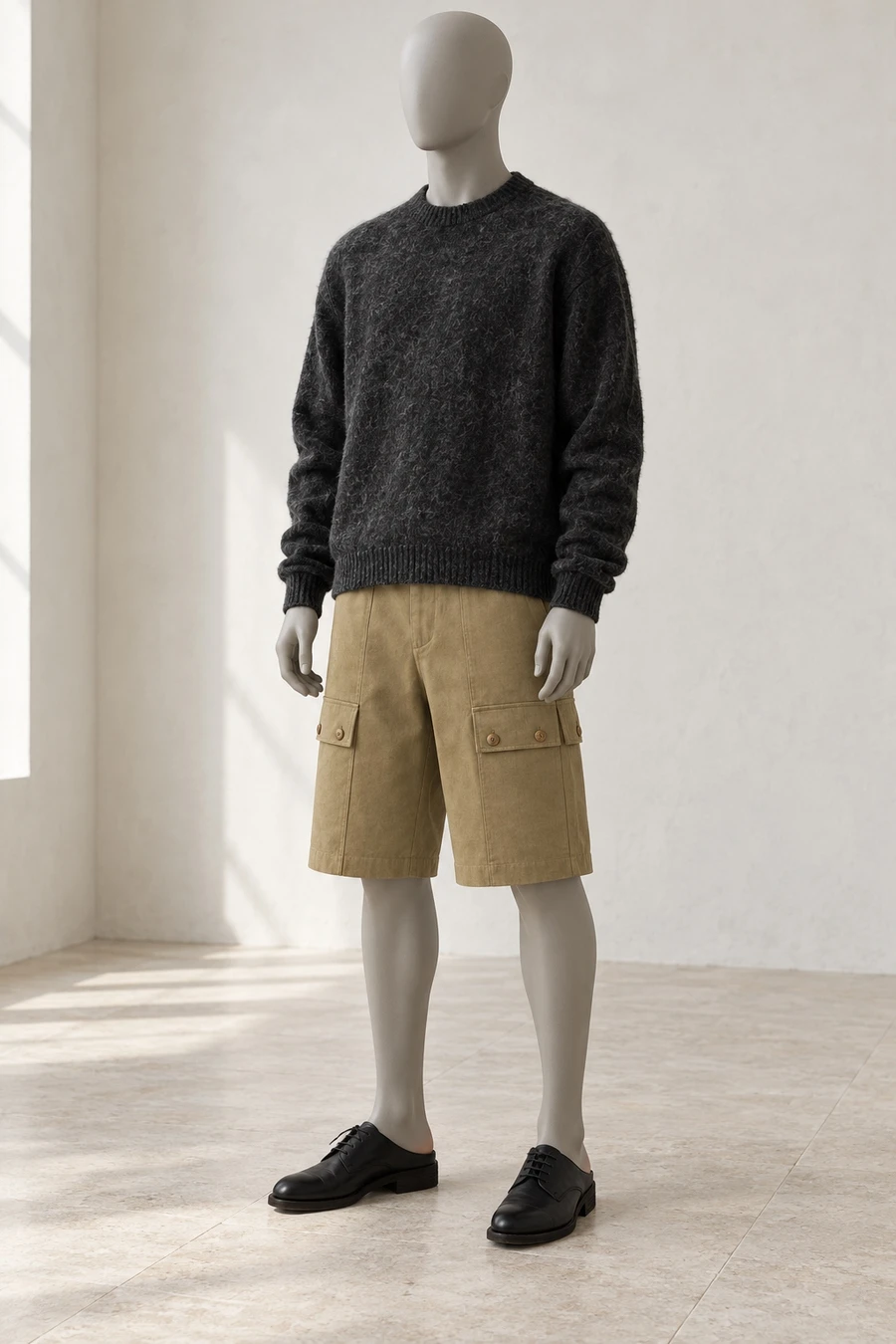 A faceless display mannequin in a Toronto showroom. A charcoal COOR knit meets ochre UJOH cargo shorts and black Guidi mules.