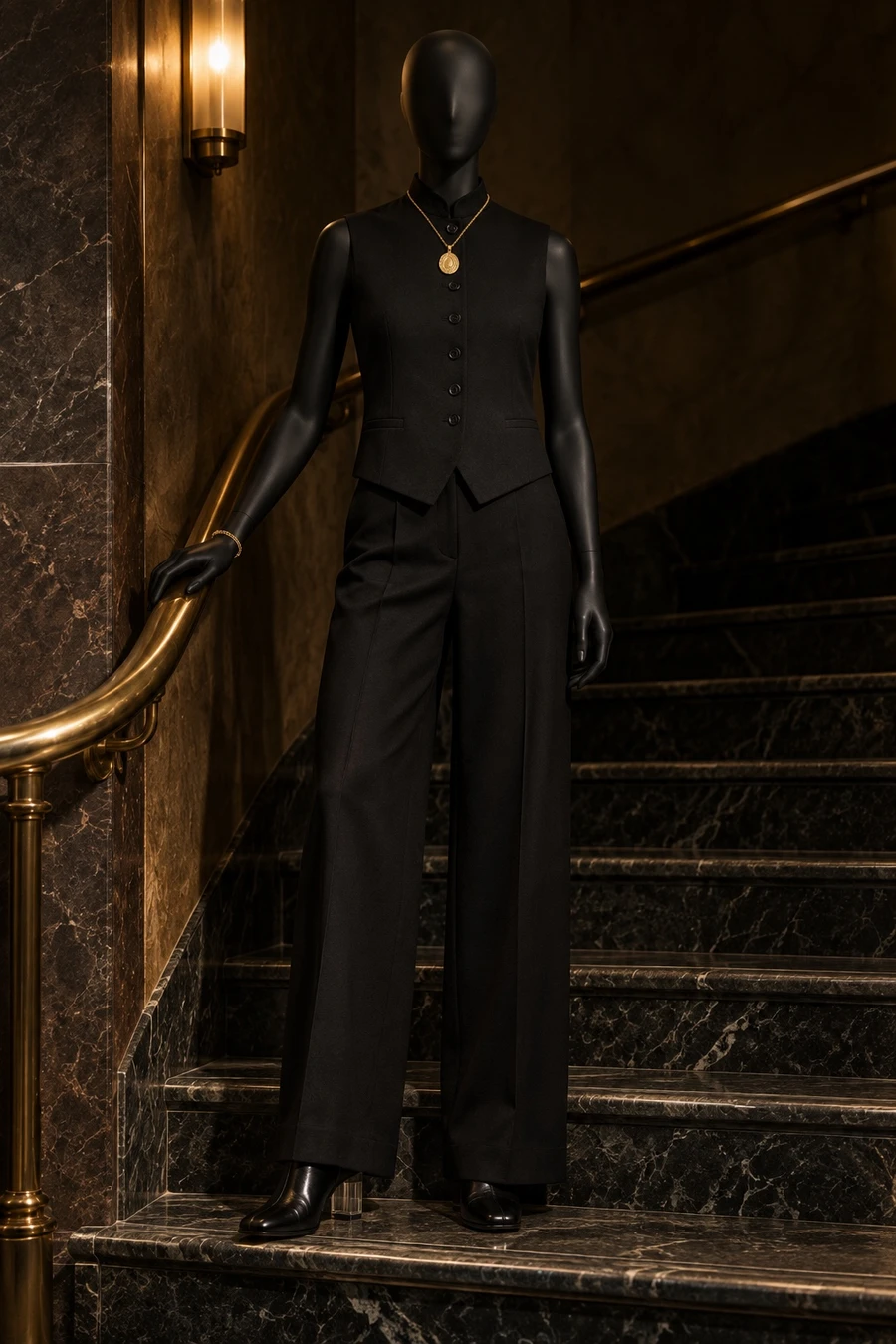 A black display mannequin in an INTO THE EAST waistcoat and wide trousers, with a gold Serge DeNimes medallion, a Tom Wood bracelet and MM6 boots, on a hotel stair.