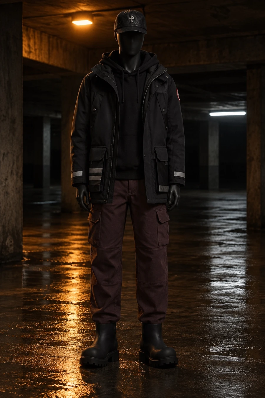 A faceless black mannequin wears a Canada Goose parka, a Stone Island hoodie, oxblood Enfants Riches Déprimés cargos, Balenciaga boots and a Chrome Hearts cap in a car park.