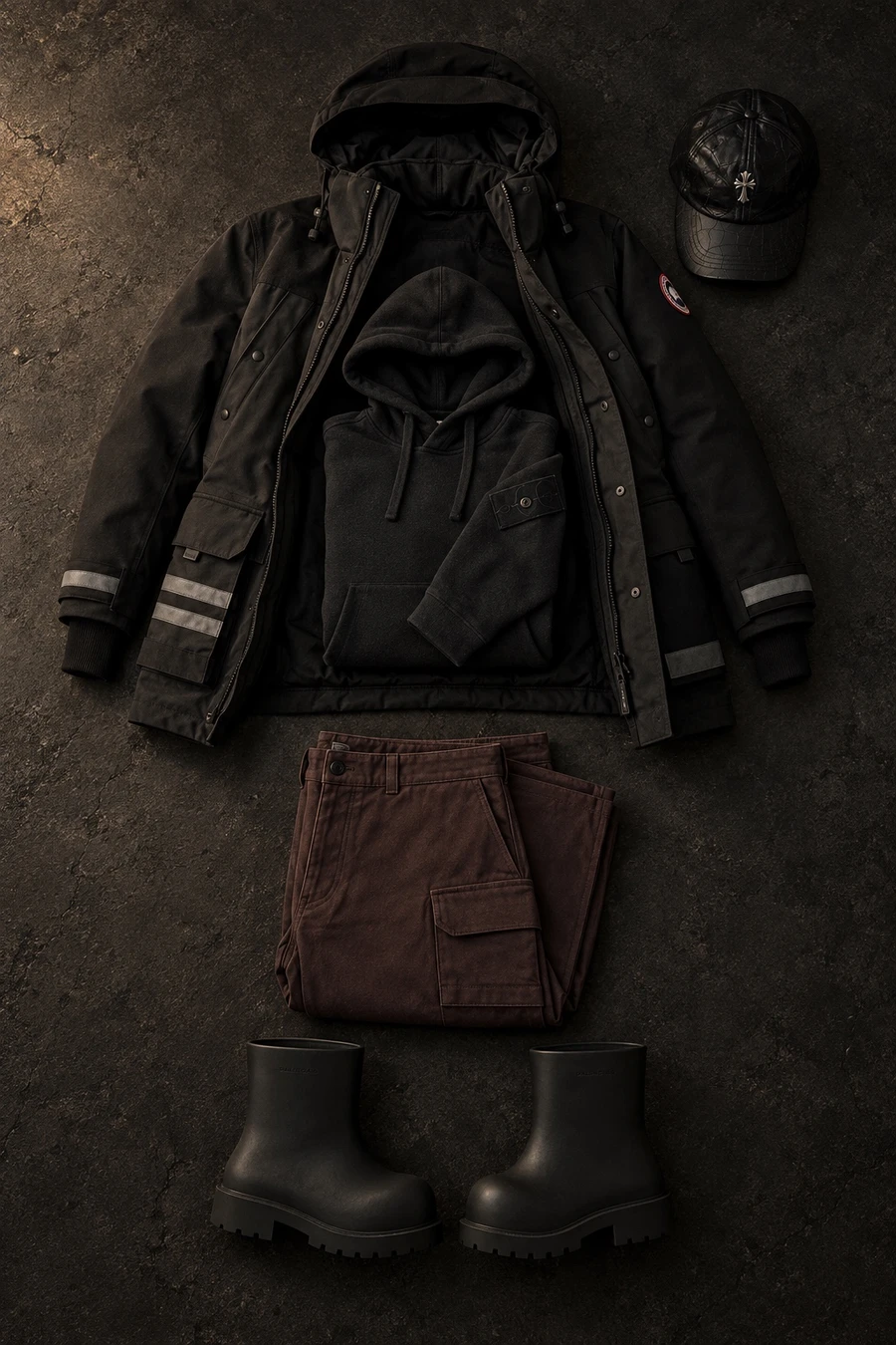 Black and oxblood for the cold. Flat lay of a black Canada Goose jacket and a black Stone Island hoodie.
