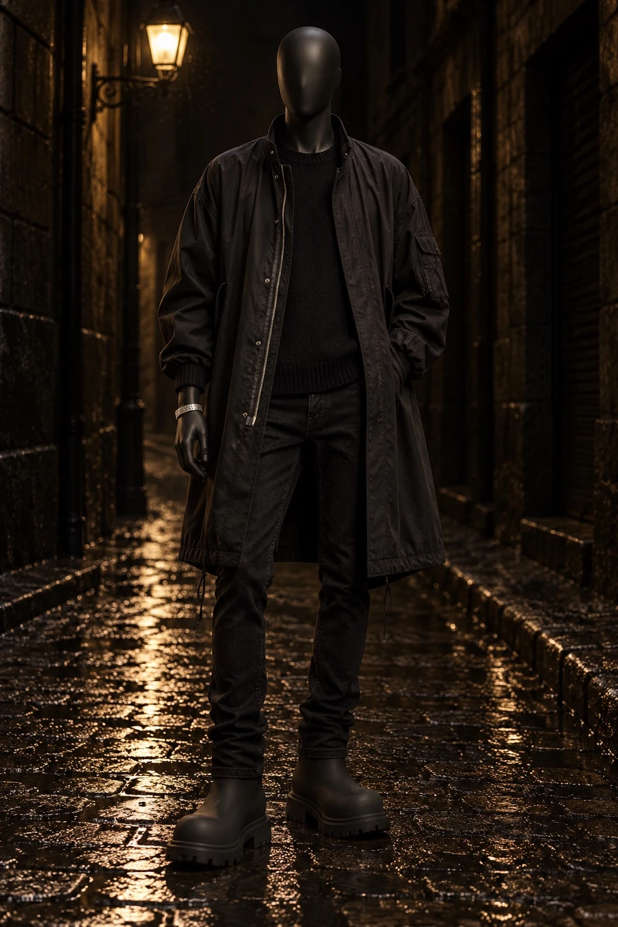 A faceless black mannequin in a long COOR parka, a black sweater, Amiri jeans and Balenciaga boots stands on a wet cobbled lane at night.