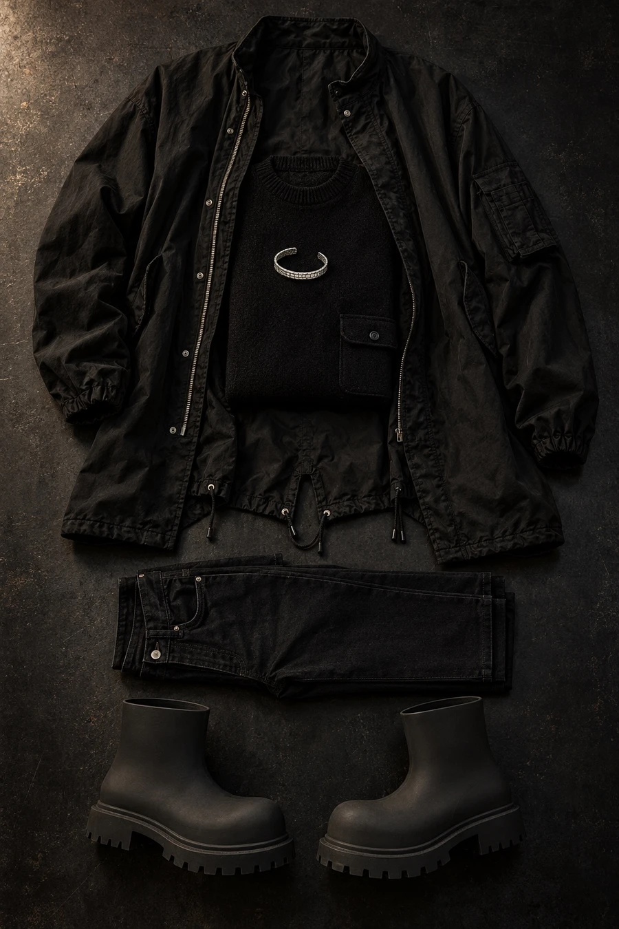 Black jeans and a fishtail parka for a winter night. Flat lay of a black COOR jacket, a black sweater, black Amiri jeans and black Balenciaga boots.