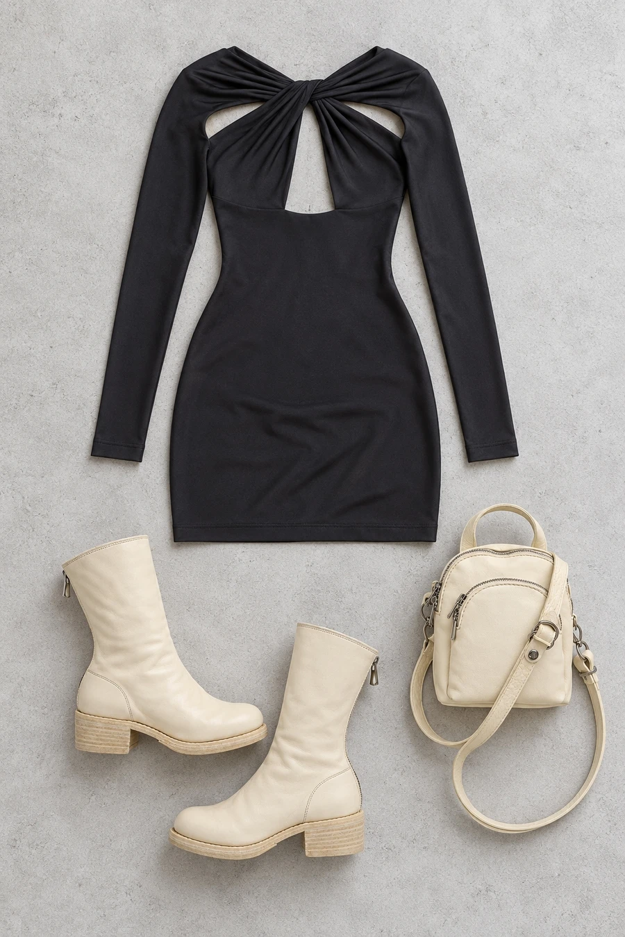 An overhead flatlay of Coperni Twisted Cut-out Jersey Dress Blk, Guidi 788Z Back Zip Mid Boots White, Guidi Mini Backpack DBP05.