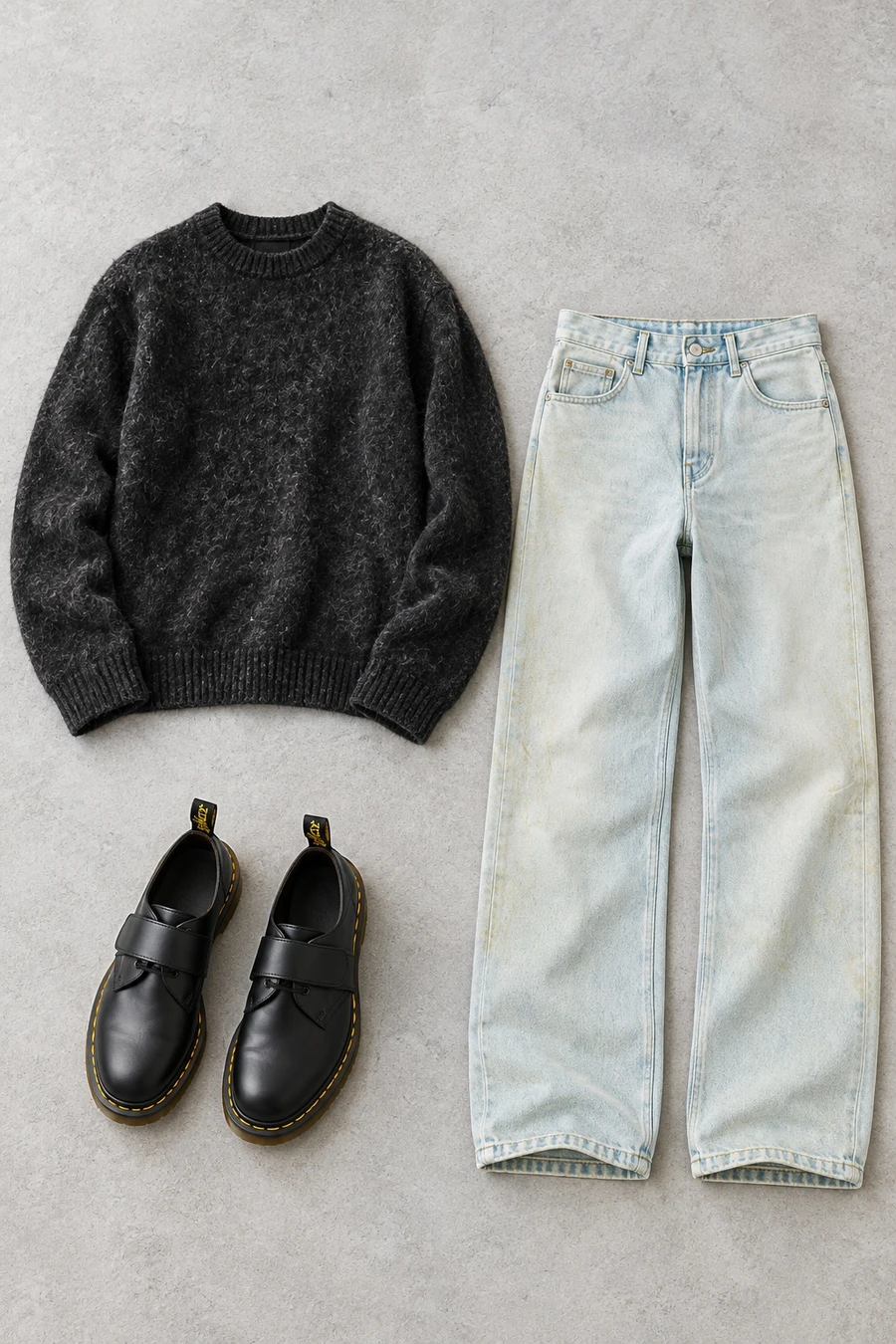 A black COOR sweater, pale blue jeans and black Dr. Martens shoes with straps.