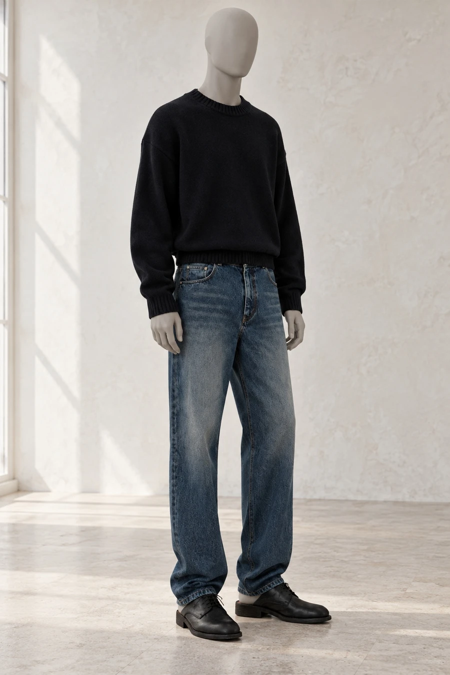 A faceless display mannequin in a New York showroom. A cropped black COOR knit meets faded indigo jeans and open back Guidi derbies.