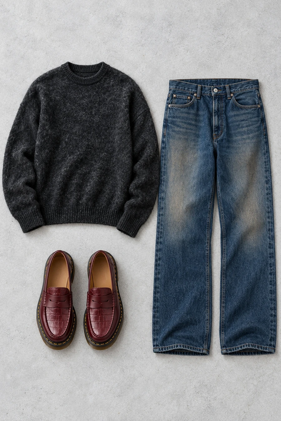 A black COOR sweater, indigo jeans and burgundy Dr. Martens penny loafers on pale concrete.