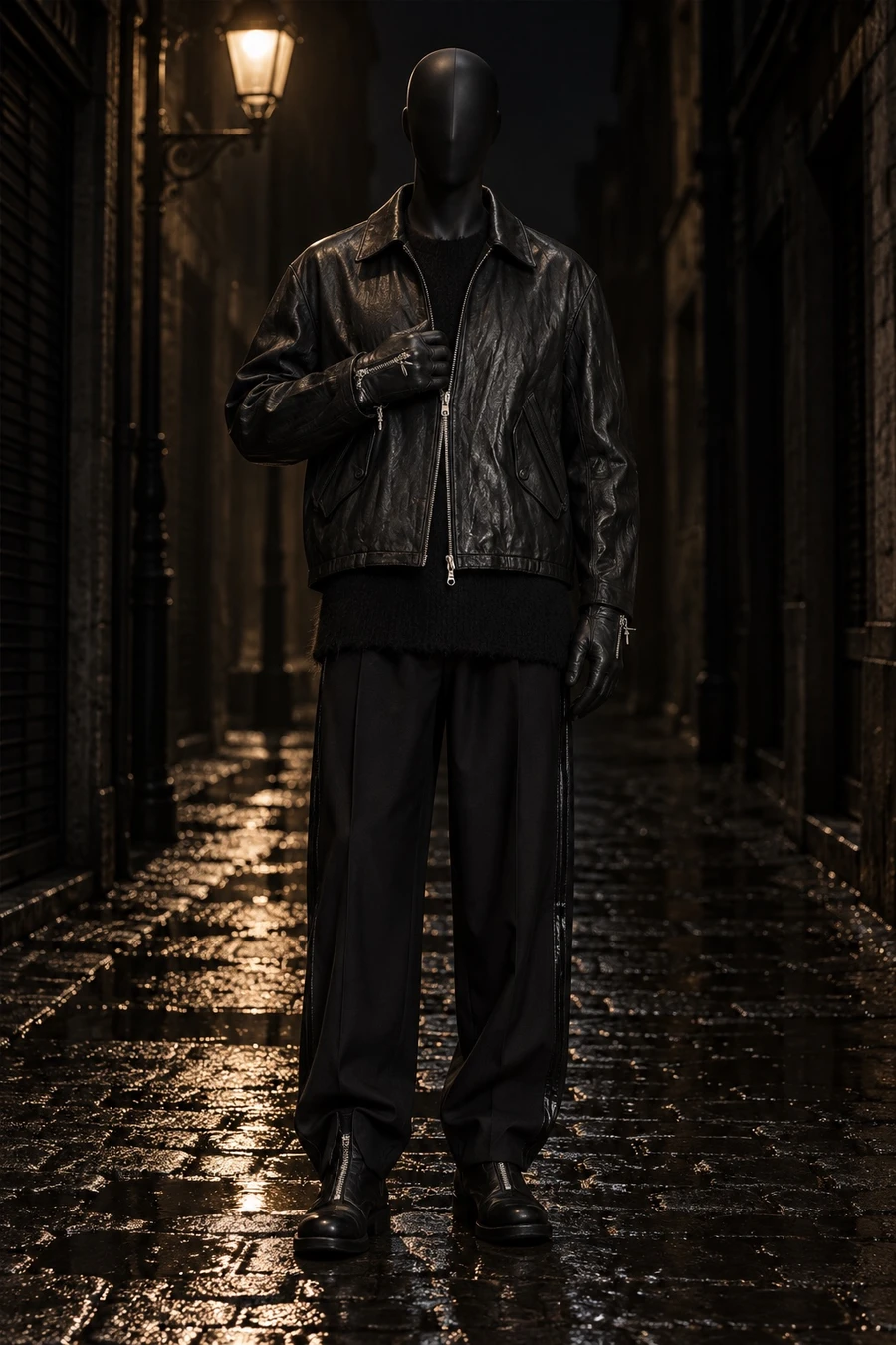 A faceless black mannequin wears a crinkled COOR leather jacket, a Masnada mohair sweater, Helmut Lang trousers, Guidi boots and Chrome Hearts gloves on a wet cobbled lane at night.