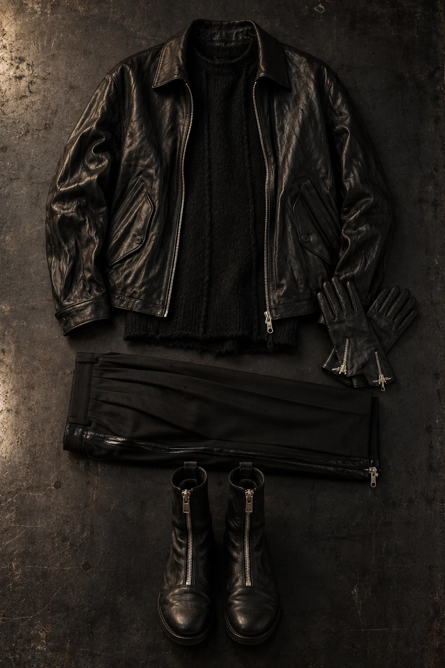 Black leather from gloves to boots. Flat lay of a black COOR jacket, a black Masnada sweater, black Helmut Lang trousers and black Guidi boots.