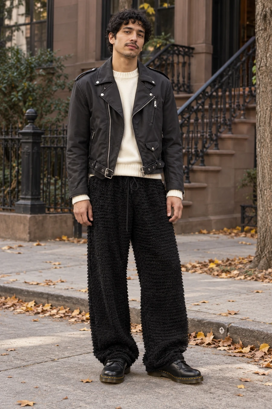 An adult man wears a black nylon biker jacket, ivory sweater and textured black trousers with low black strap shoes in New York.