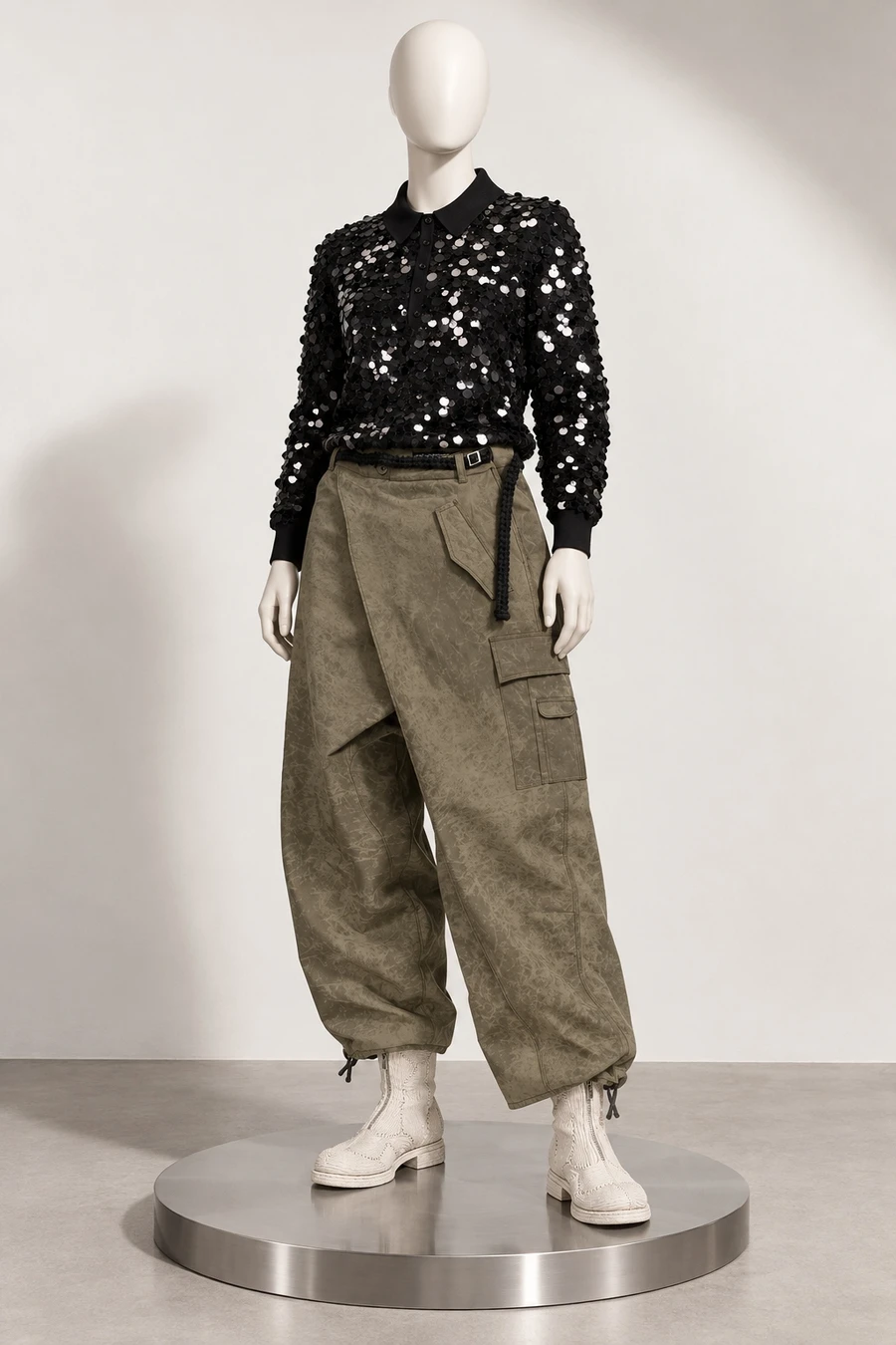 Black paillette polo, taupe wrap cargo trousers and white piped boots on an ivory mannequin and silver disc.