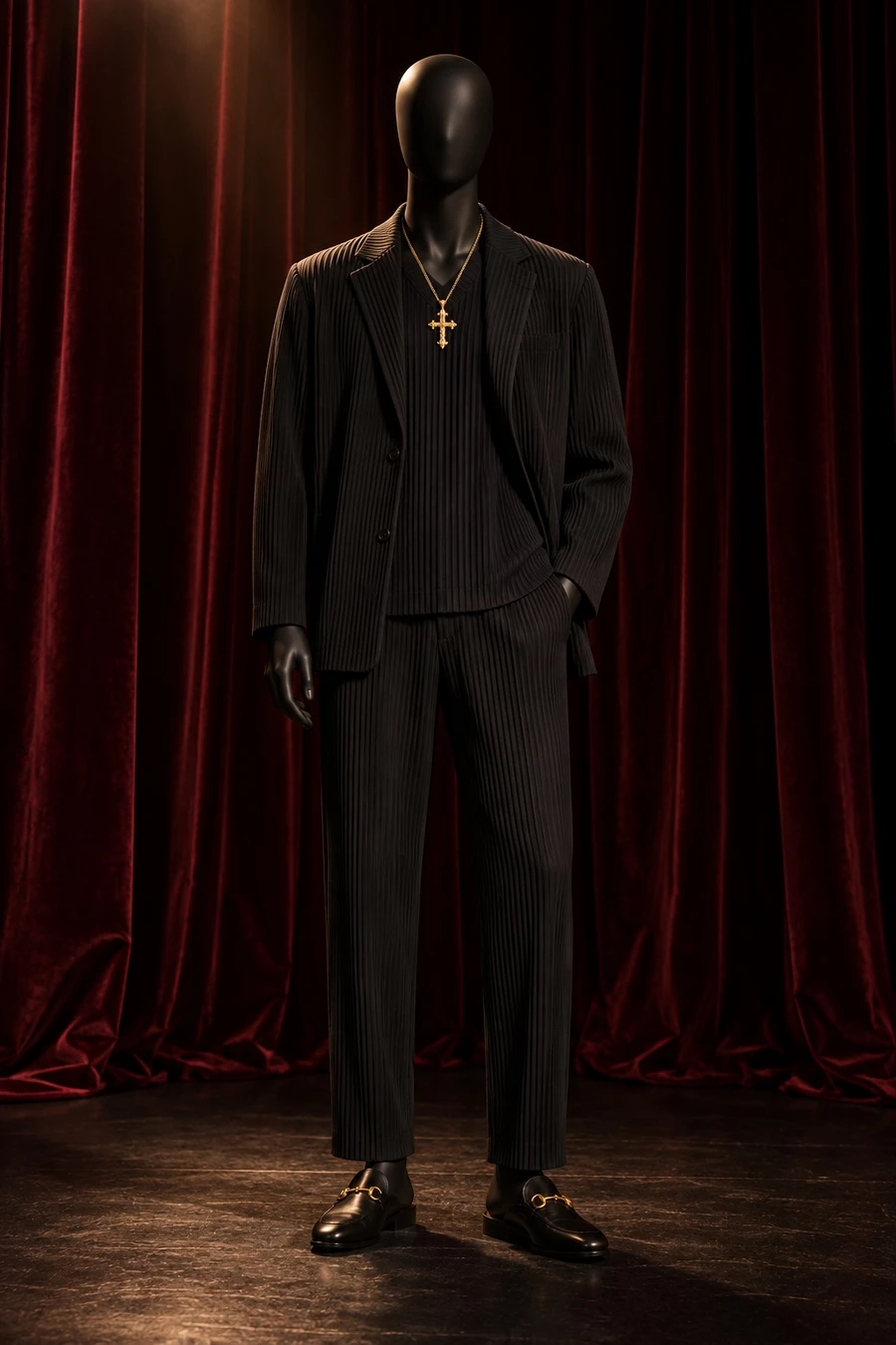 A faceless black mannequin wears a black Homme Plissé pleated suit, a pleated V neck tee, Gucci Princetown slippers and a gold cross necklace before a velvet curtain.