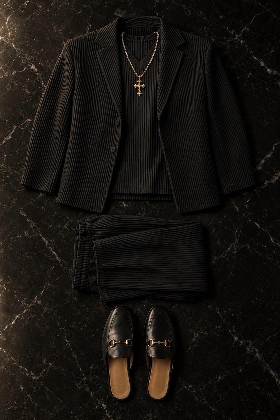 Black pleats and a gold cross. Flat lay of a black Issey Miyake jacket, a black T-shirt, black trousers and black Gucci slippers.