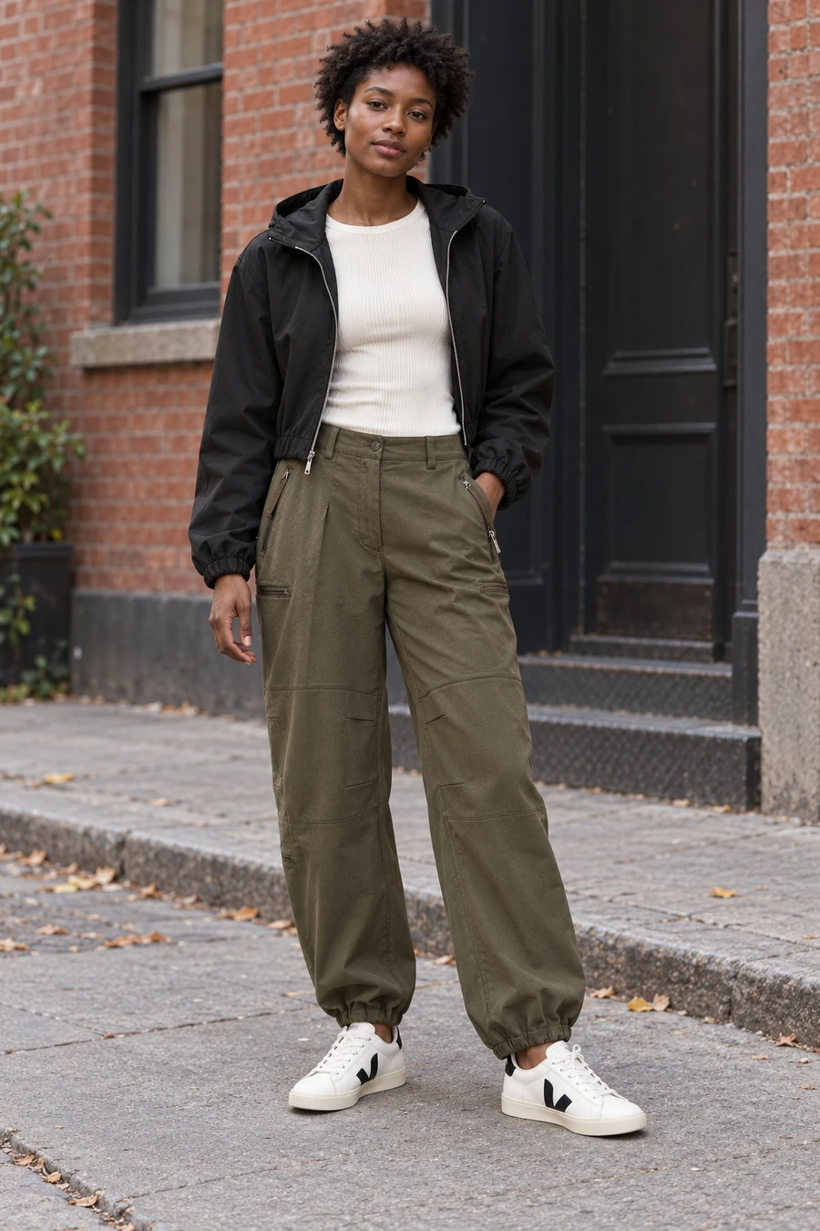 An adult woman wears a black Helmut Lang jacket, ivory Pleats Please top, olive flight trousers and white Veja trainers on a New York pavement.