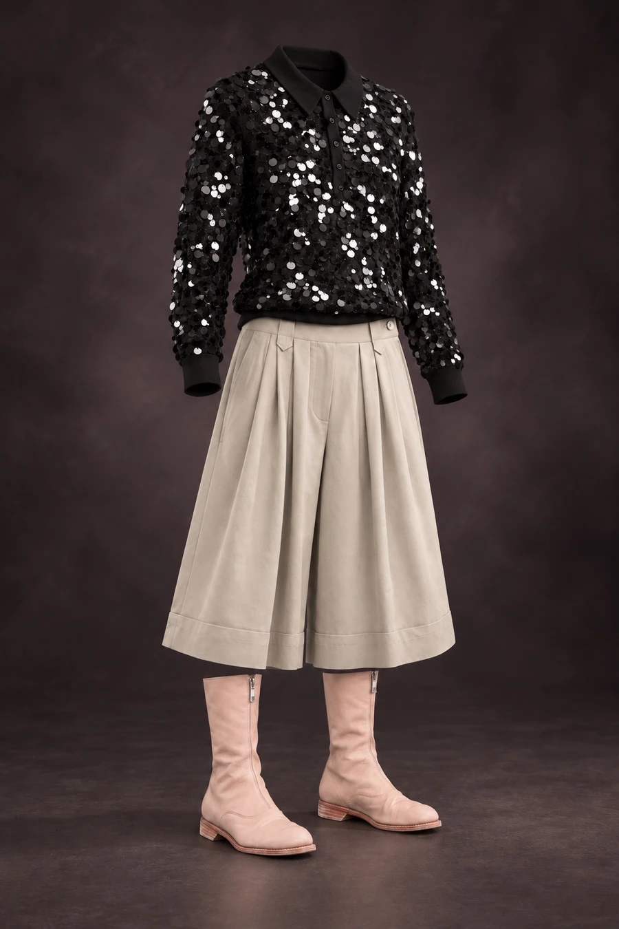 Black discs catch the light on a Helmut Lang polo above sand UJOH culottes and blush Guidi boots. The complete outfit stands against a dark studio background.