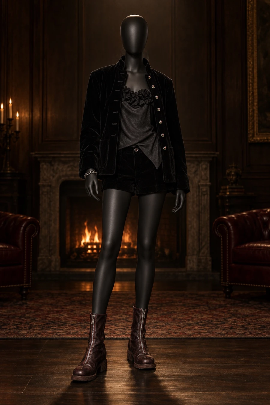 A black display mannequin in INTO THE EAST black velvet and a Coperni ruffle top, with burgundy Guidi boots and a Chrome Hearts bracelet, in a dark club.