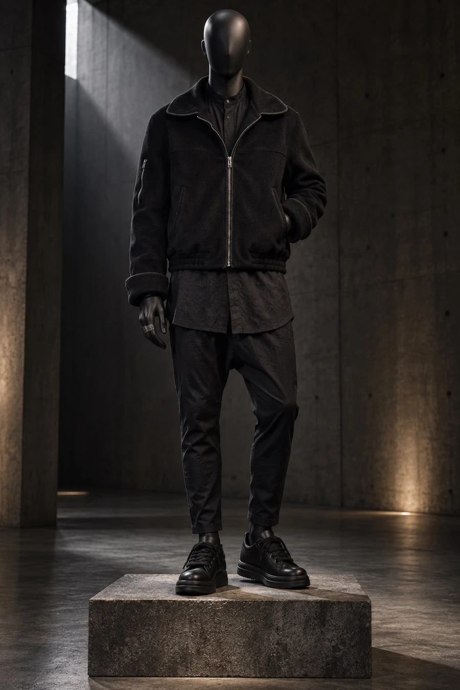 A faceless black mannequin in a Kody Phillips wool jacket, a long thom/krom shirt, Rick Owens trousers and Temples stands on a stone plinth in a concrete gallery.