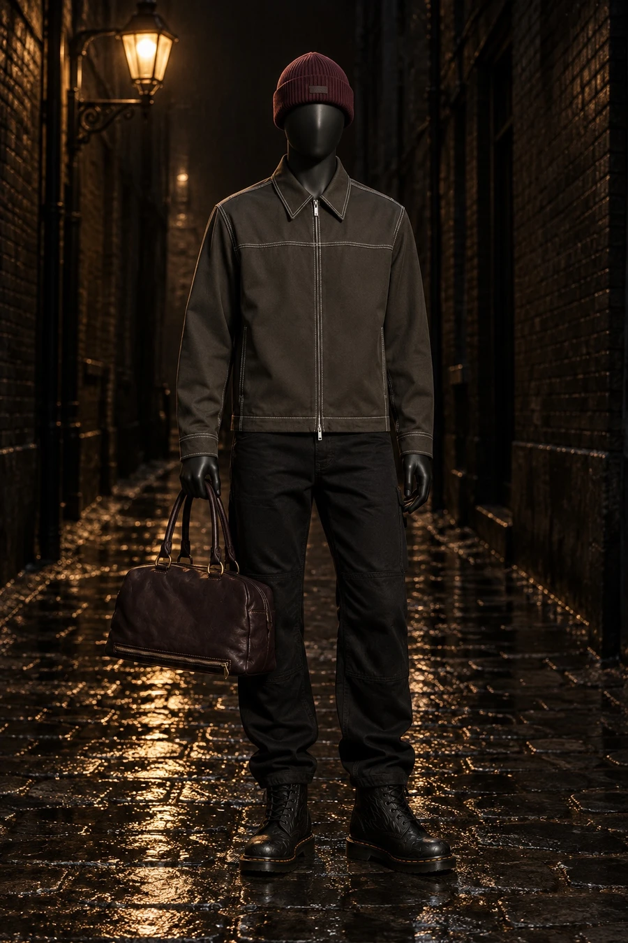 A faceless black mannequin wears a Helmut Lang carpenter jacket, Chrome Hearts carpenter trousers, Dr. Martens boots and a burgundy Herno beanie, carrying a Guidi bag on a wet lane.