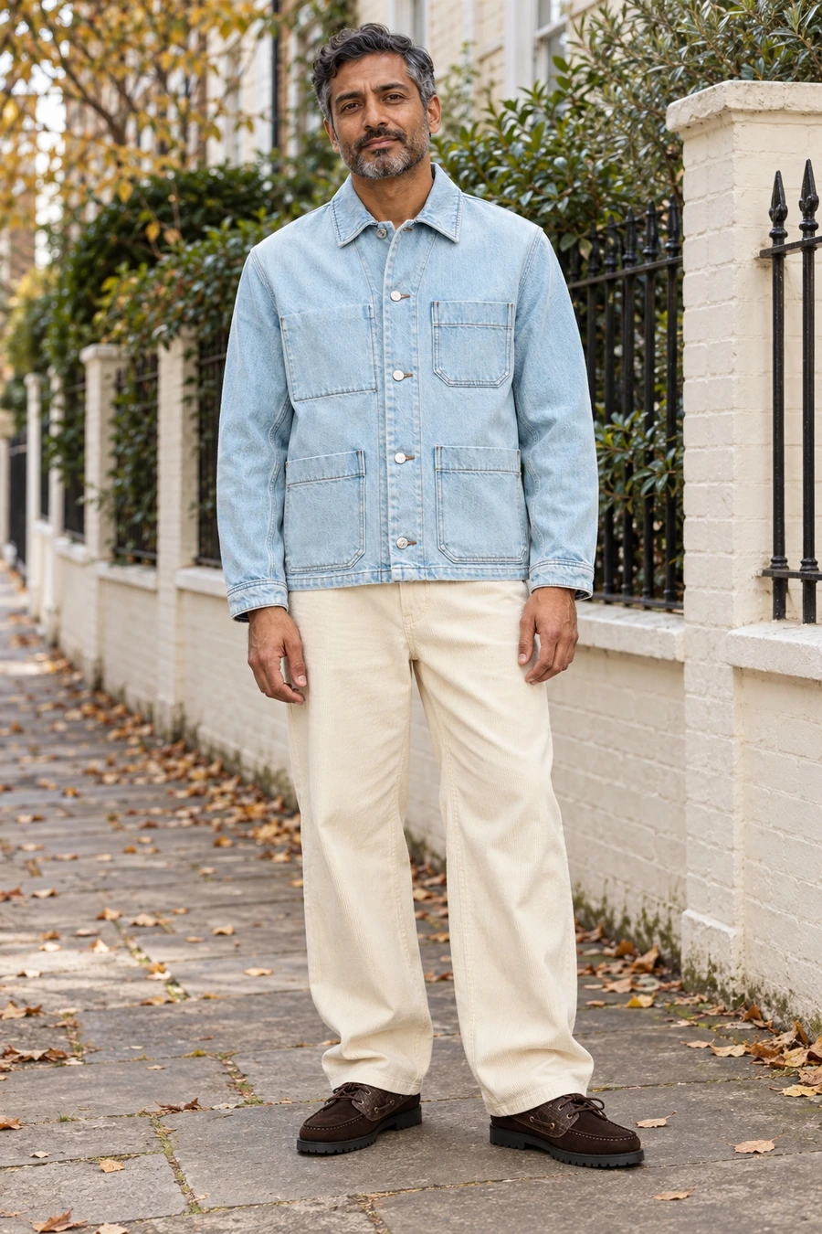 An adult man wears a pale blue denim jacket and cream corduroy trousers with brown boat shoes on a London lane.
